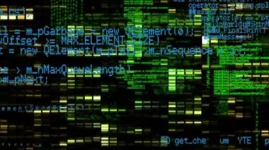 Karanlık arka planda bilimsel veri işleme animasyonu. Dijital ortamda üretilmiş küresel bilim ve teknoloji kavramı.