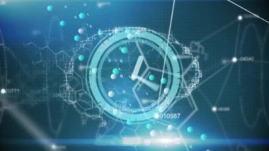 Animation of clock moving and digital brain over dna strand. science and digital interface concept digitally generated video.