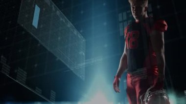 Kafkasyalı Amerikan futbolcunun stadyum ışıkları üzerindeki farklı veriler üzerindeki animasyonu. küresel spor, rekabet ve teknoloji konsepti dijital olarak oluşturulmuş video.