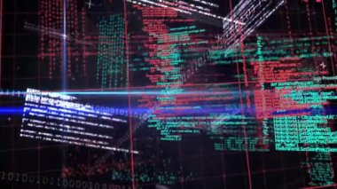 Karanlık arka planda bilimsel veri işleme animasyonu. Dijital ortamda üretilmiş küresel bilim ve teknoloji kavramı.