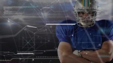Amerikan futbolcusu üzerine farklı verilerin animasyonu. küresel spor, rekabet ve teknoloji konsepti dijital olarak oluşturulmuş video.