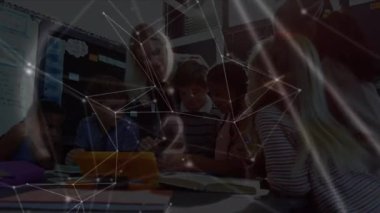 Animation of networks of connections and numbers over diverse schoolchildren and teacher. global education, technology and connections concept digitally generated video.