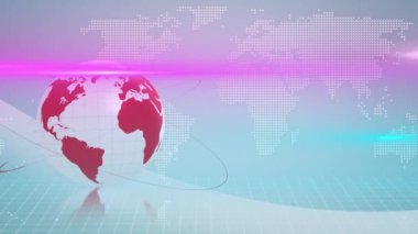 Animation of globe and light trails with world map on white background. global business and digital interface concept digitally generated video.