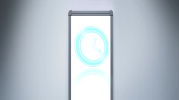 ホワイトボード上の青い時計のアニメーション 時間が経つにつれて色や動きの概念がデジタルで生成され — ストック動画