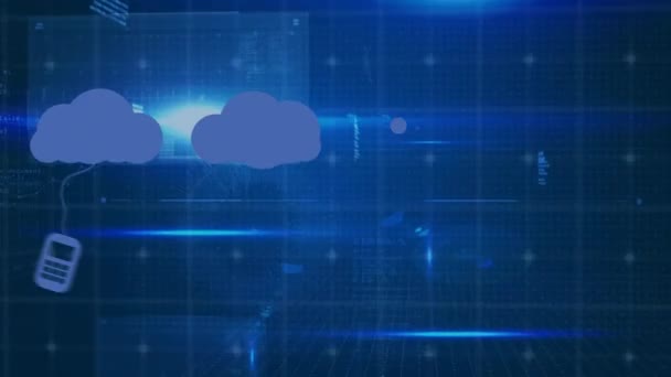 Animation Cloud Icons Data Processing Dark Background Global Technology Cloud — Stock Video