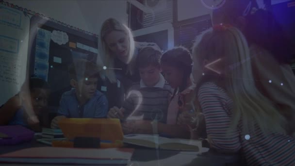 Animation Networks Connections Numbers Diverse Schoolchildren Teacher Global Education Technology — Vídeo de Stock