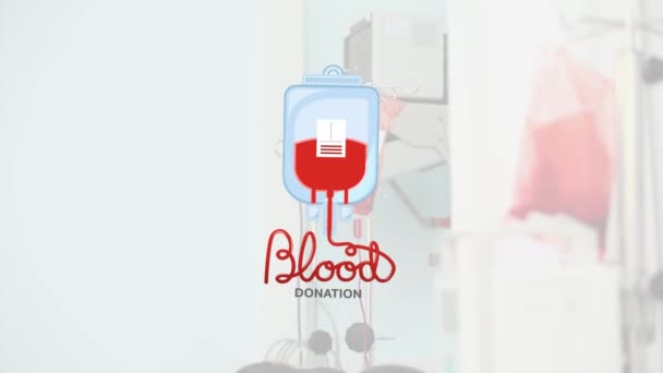 Animación Bolsa Sangre Texto Donación Sangre Sobre Doctora Caucásica Con — Vídeos de Stock