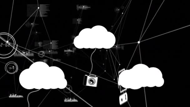 メディアアイコンのアニメーションと黒の背景に接続のネットワーク ソーシャルメディアと通信インターフェースの概念デジタル生成されたビデオ — ストック動画
