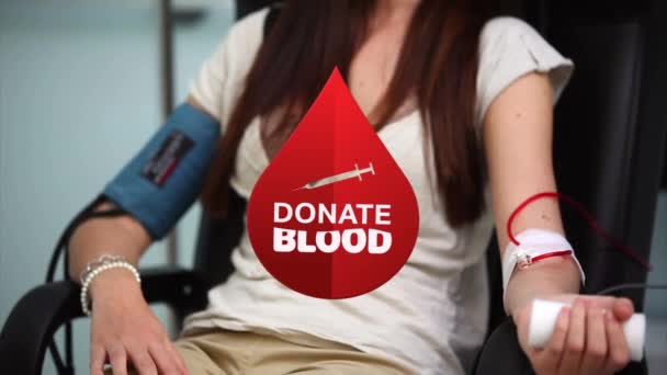 Animación Gota Sangre Donar Texto Sangre Sobre Paciente Femenino Concepto — Vídeo de stock