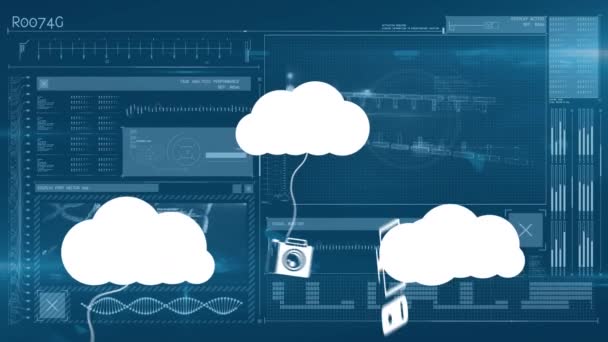 暗い背景に雲のアイコンやデータ処理のアニメーション 世界規模の技術 クラウドコンピューティング デジタルインターフェースと接続の概念デジタル生成ビデオ — ストック動画