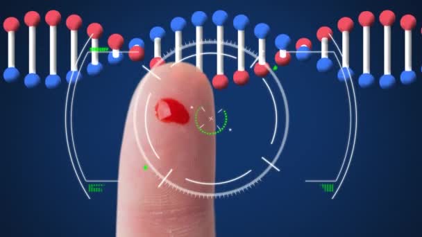 Animação Varredura Escopo Fita Dna Sobre Dedo Com Gota Sangue — Vídeo de Stock