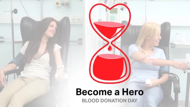 Animation Heart Shape Blood Bag Become Hero Text Smiling Caucasian — Stock Video