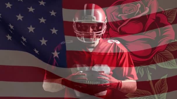 アメリカのサッカー選手の上にアメリカ国旗とバラのアニメーション スポーツ 愛国心の概念をデジタルで生成したビデオ — ストック動画