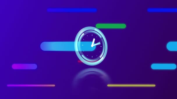 Animación Del Reloj Sobre Coloridos Senderos Sobre Fondo Azul Oscuro — Vídeos de Stock