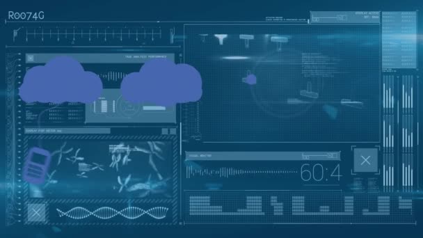 Animatie Van Cloud Pictogrammen Gegevensverwerking Donkere Achtergrond Wereldwijde Technologie Cloud — Stockvideo