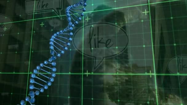 Animation Spinning Dna Strand Grid City Scape Global Science Research — Vídeo de Stock