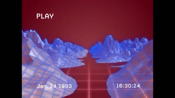 在红色背景上对霓虹灯线和数字山的浮雕干扰动画 复古数字接口 数据处理和数字视频技术概念 — 图库视频影像