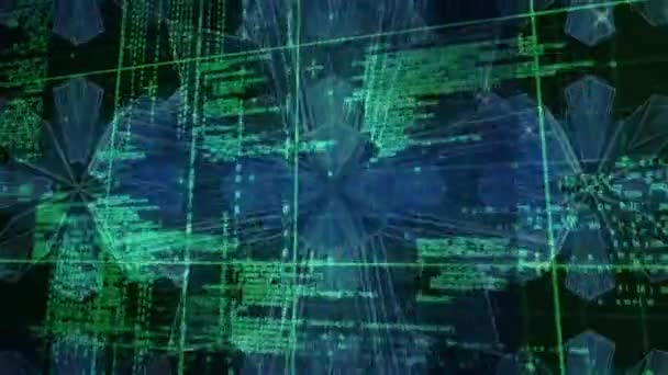 Animatie Van Caleidoscopische Vorm Data Processing Green Grid Mondiaal Wetenschaps — Stockvideo