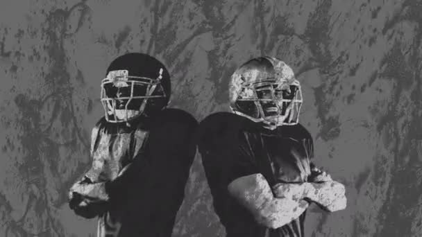 两名美国足球运动员在灰色背景下的动画 全球体育与竞争概念数码视频 — 图库视频影像