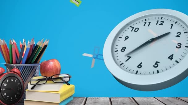 Animation Moving Clock School Items Icons Blue Background School Education — Video