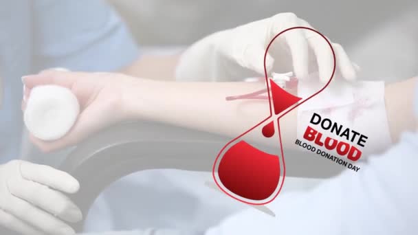 Animation Blood Bag Donate Blood Text Caucasian Female Doctor Patient — 비디오