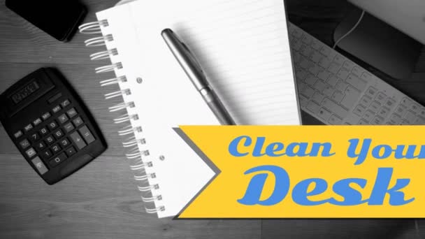 Animation Clean Your Desk Text White Lines Keyboard Notebook Pen — Stock Video