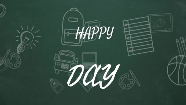 Animation Happy Substitute Day Text School Items Icons Green Background — Stockvideo
