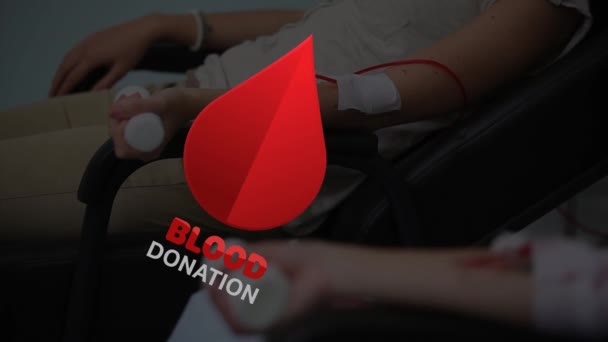 Animación Gota Sangre Texto Donación Sangre Sobre Pacientes Caucásicas Concepto — Vídeos de Stock