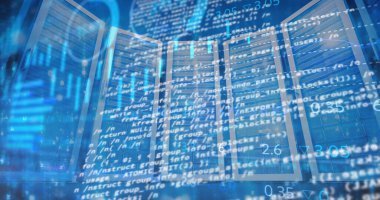 Sunucu odasında veri işleme ve diyagram resmi. küresel iş, finans, bağlantılar ve dijital arayüz konsepti dijital olarak oluşturulmuş görüntü.