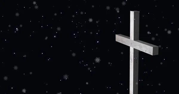 Image Snow Falling White Cross Black Background Christianity Religion Concept — стоковое фото