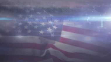 Amerikan futbol stadyumunda dalgalanan Amerikan bayrağı animasyonu. küresel spor, rekabet ve vatanseverlik kavramı dijital olarak üretilen video.
