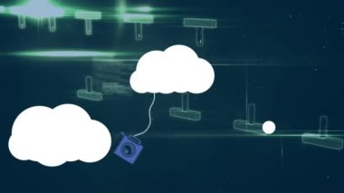Animation of cloud icons and medical data processing over dark background. global technology, cloud computing, digital interface and connections concept digitally generated video.