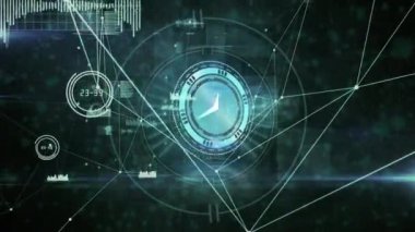 Veri işleme ve bağlantı ağının üzerinde hareket eden saatin animasyonu. küresel iş, finans, bağlantılar ve dijital arayüz konsepti dijital olarak oluşturulmuş video.