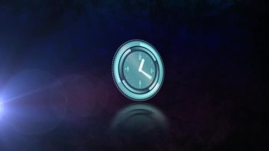 Animation of clock moving and light trails on black background. global business and digital interface concept digitally generated video.