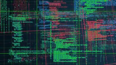 Karanlık arka planda bilimsel veri işleme animasyonu. Dijital ortamda üretilmiş küresel bilim ve teknoloji kavramı.