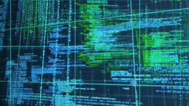 Karanlık arka planda bilimsel veri işleme animasyonu. Dijital ortamda üretilmiş küresel bilim ve teknoloji kavramı.