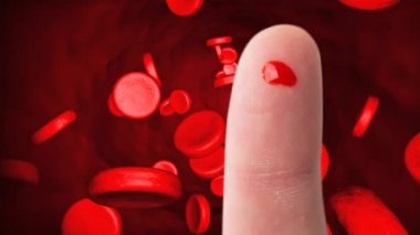 Animation of finger with blood drop over blood cells. blood donation day concept digitally generated video.