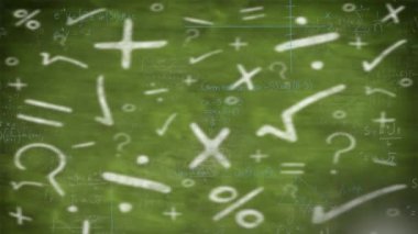 Yeşil arkaplanda matematiksel denklemlerin animasyonu. okul, eğitim ve dijital arayüz kavramı dijital olarak oluşturulmuş video.
