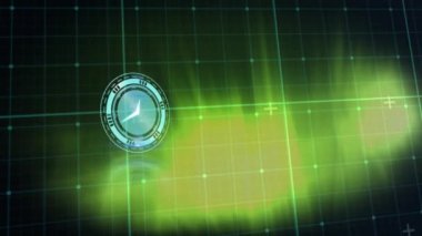 Animation of clock over grid and data processing. global connections, business, digital interface, technology and networking concept digitally generated video.