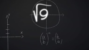 Siyah arkaplan üzerinde matematiksel denklemlerin animasyonu. küresel eğitim, bağlantılar, veri işleme ve teknoloji konsepti dijital olarak oluşturulmuş video.