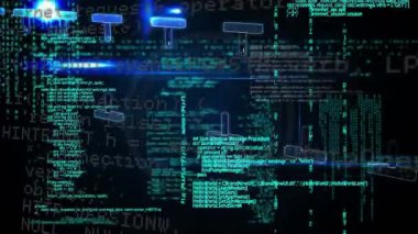 Karanlık arka planda bilimsel veri işleme animasyonu. Dijital ortamda üretilmiş küresel bilim ve teknoloji kavramı.