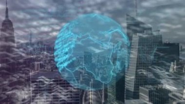 Veri işleme ve şehir manzarası üzerinde dünyanın animasyonu. küresel bağlantılar, iş dünyası, dijital arayüz, teknoloji ve ağ konsepti dijital olarak oluşturulmuş video.