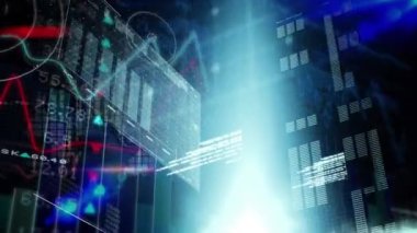 Karanlık arka planda finansal veri işleme animasyonu. küresel bağlantılar, veri işleme ve dijital arayüz konsepti dijital olarak oluşturulmuş video.