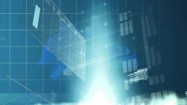 İş adamı üzerinden finansal veri işleme animasyonu. küresel bağlantılar, veri işleme ve dijital arayüz konsepti dijital olarak oluşturulmuş video.