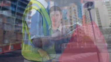 Depoda çalışanların finansal veri işleme animasyonları. küresel gönderim, dağıtım, iş, veri işleme ve teknoloji konsepti dijital olarak oluşturulmuş video.