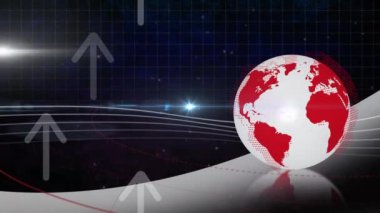 Siyah zemin üzerinde oklar olan ışık ve kürenin animasyonu. küresel iş ve dijital arayüz kavramı dijital olarak oluşturulmuş video.