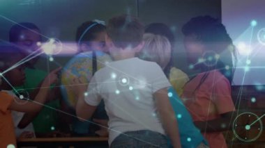 Dünya 'yı okuyan çeşitli okul çocukları üzerindeki bağlantı ağlarının animasyonu. küresel eğitim, öğrenme ve bağlantılar konsepti dijital olarak oluşturulmuş video.