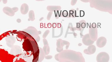 Dünya çapında kan bağışı günü metni ve kan hücrelerinin animasyonu. Kan bağışı günü konsepti dijital olarak oluşturulmuş video.