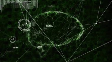Dijital beynin animasyonu ve siyah arkaplandaki bağlantı ağı. Sosyal medya ve iletişim arayüzü kavramı dijital olarak oluşturulmuş video.