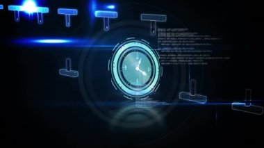 Animation of clock moving and dna strands on black background. social media and communication interface concept digitally generated video.